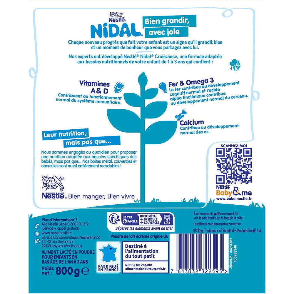 Dos de la boîte Nestlé Nidal Croissance 3. Contient des informations sur les nutriments et le recyclage.