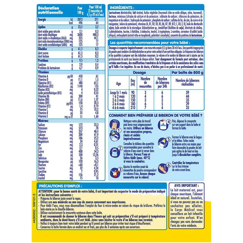 Dos de la boîte avec informations nutritionnelles, liste des ingrédients et instructions de préparation pour nourrissons.