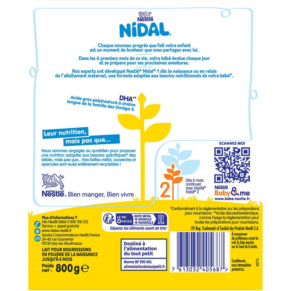 Dos de la boîte avec texte et code QR. Texte: DHA, 800g, Baby&me. Nestlé. Bien manger, bien vivre.
