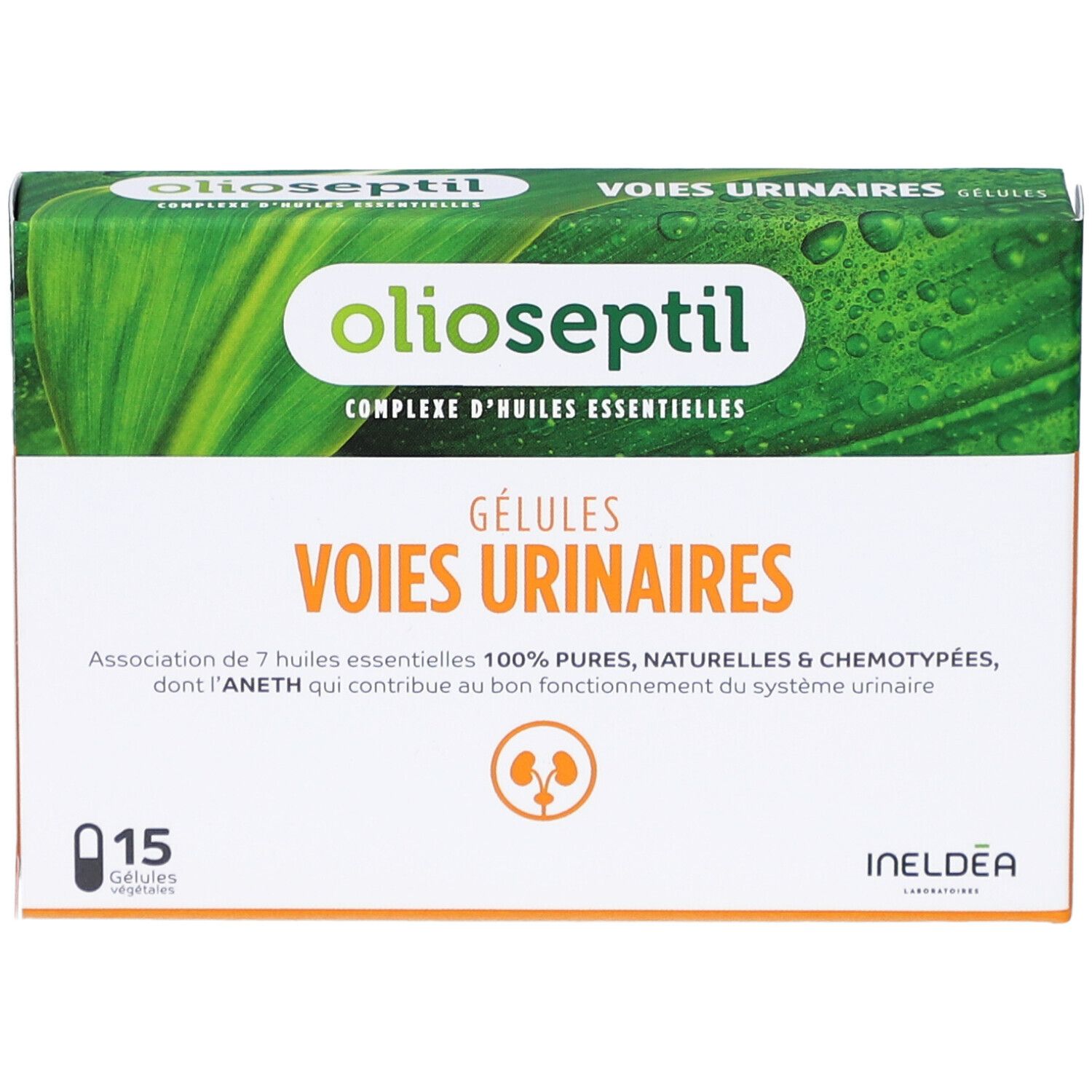 Boîte de gélules Olioseptil Voies Urinaires. 15 gélules. Design vert et blanc avec nom et logo du produit.