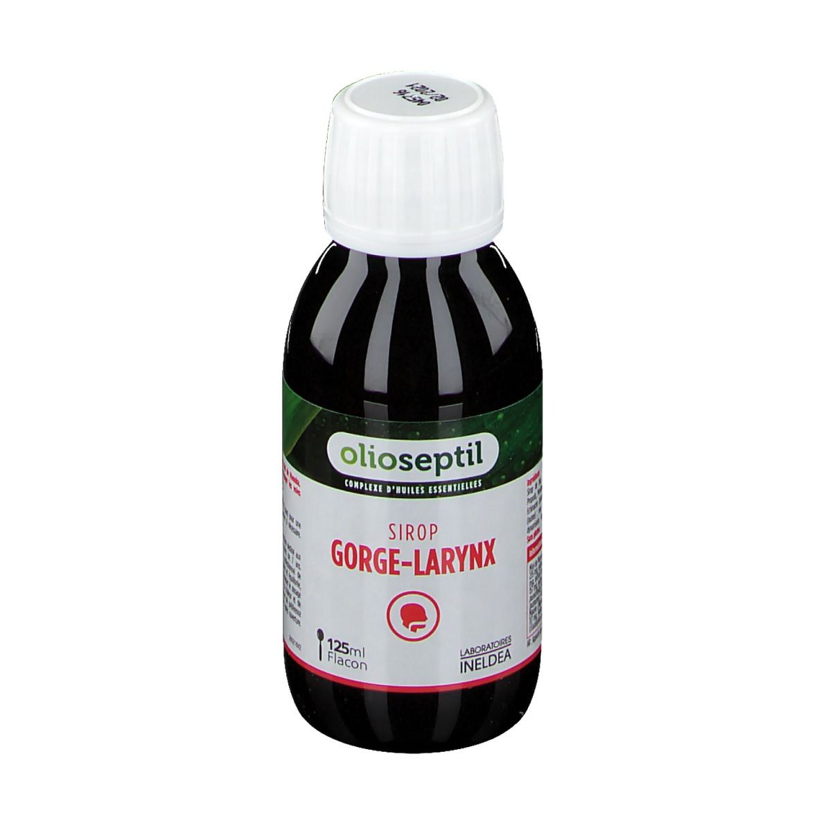 Bouteille brune avec bouchon blanc. Inscription: Olioseptil, Sirop Gorge-Larynx. Flacon 125ml.
