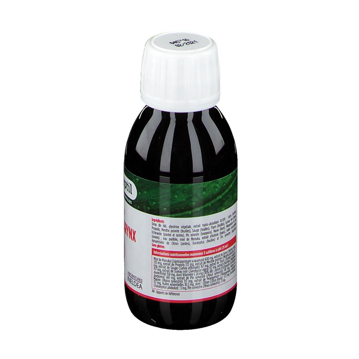 Bouteille brune avec bouchon blanc. Inscription: Olioseptil, Sirop Gorge-Larynx. Dos avec texte.