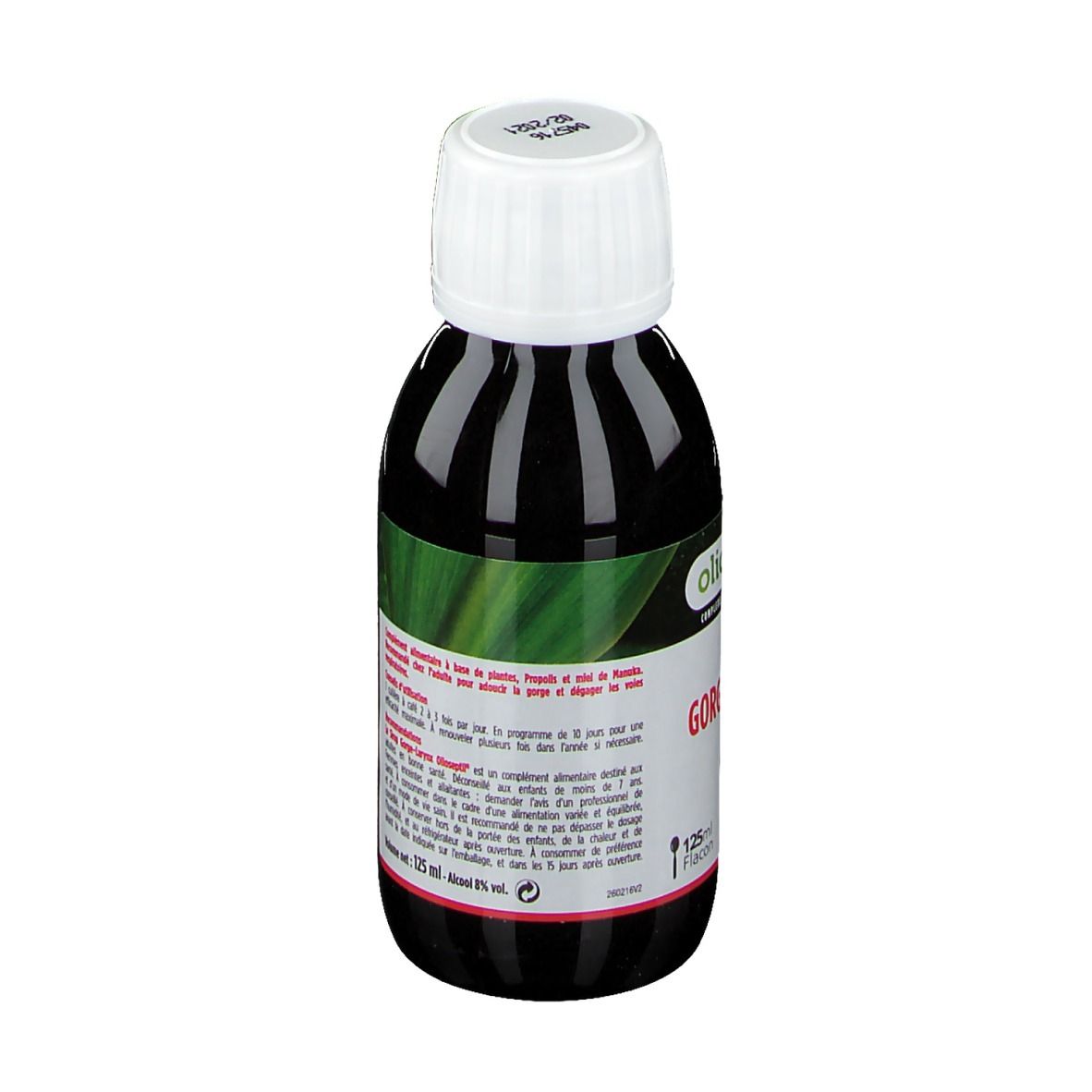 Bouteille brune avec bouchon blanc. Inscription: Olioseptil, Sirop Gorge-Larynx. Dos avec texte.