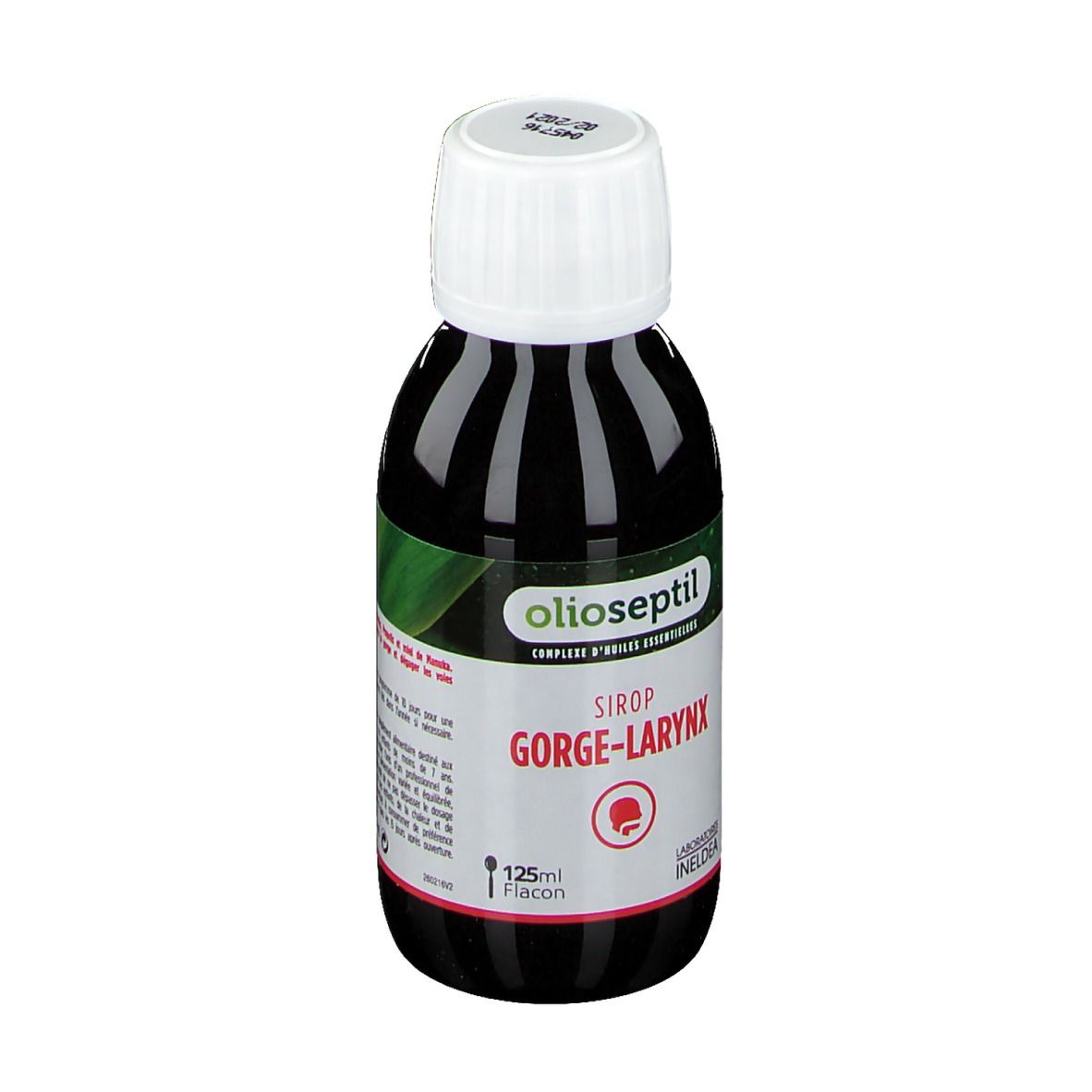 Bouteille brune avec bouchon blanc. Inscription: Olioseptil, Sirop Gorge-Larynx. Flacon 125ml.