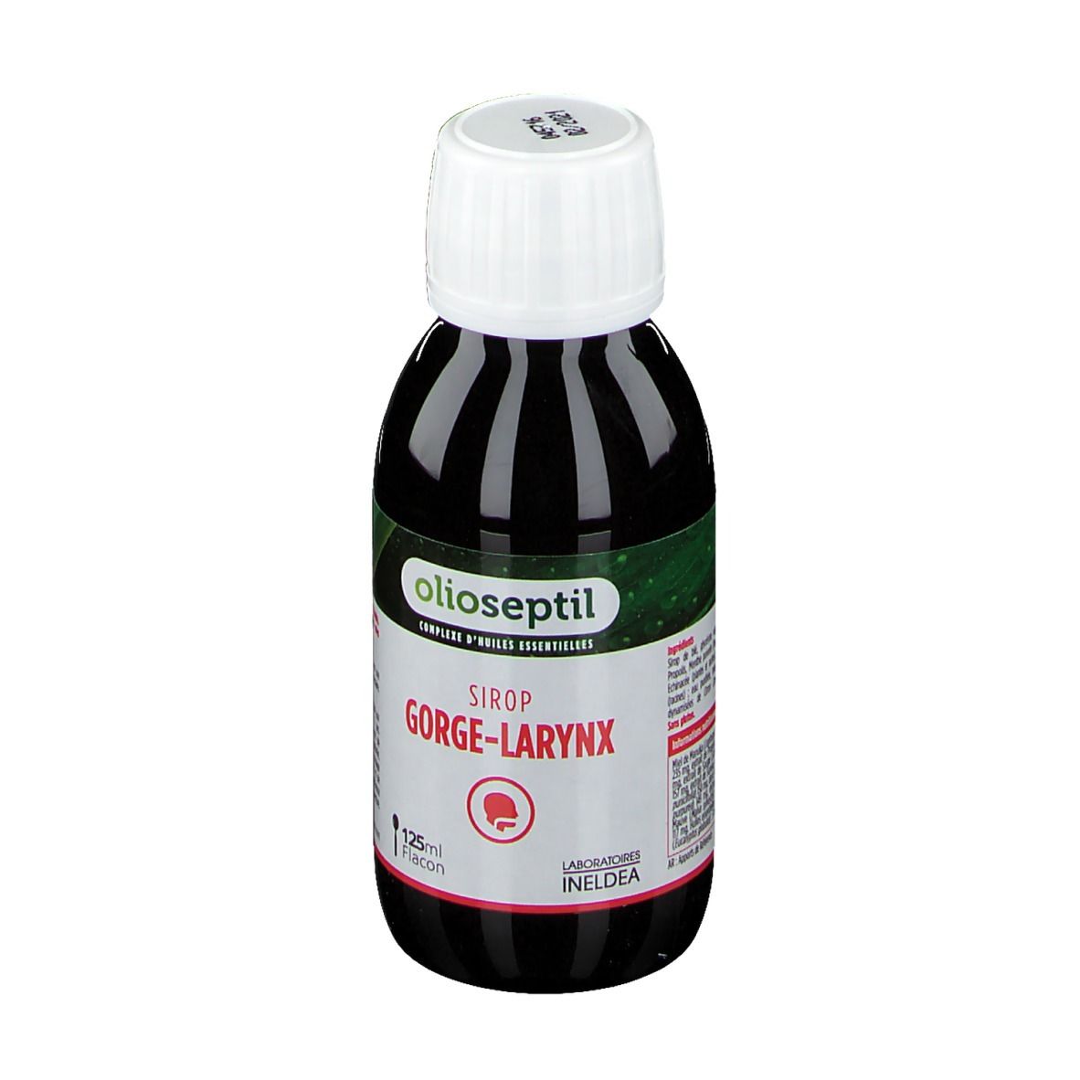 Bouteille brune avec bouchon blanc. Inscription: Olioseptil, Sirop Gorge-Larynx. Flacon 125ml.