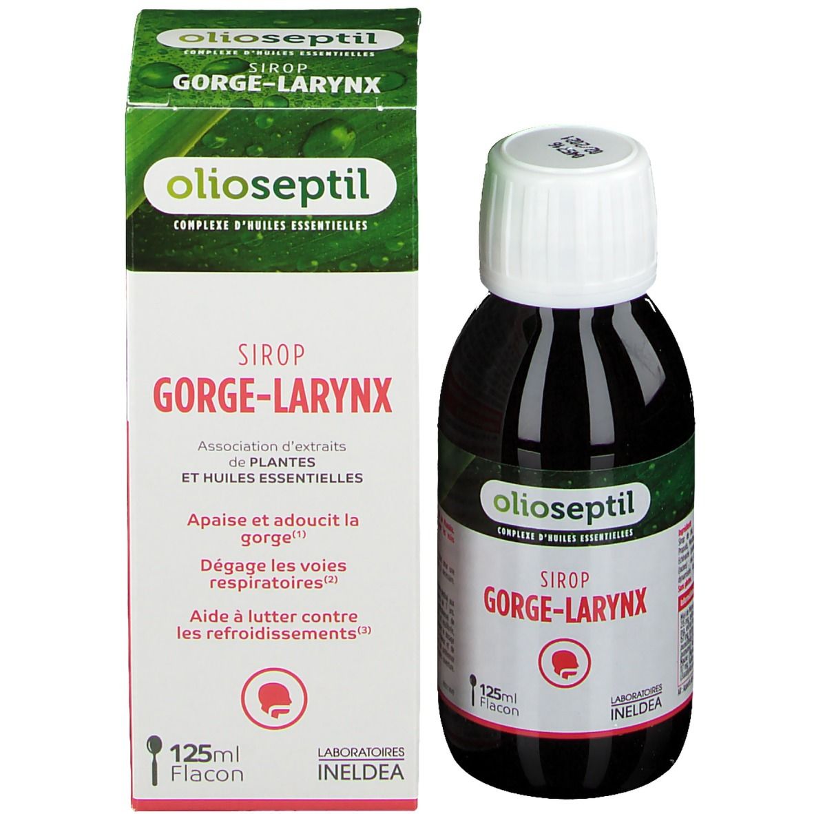Bouteille et boîte brunes. Inscription: Olioseptil, Sirop Gorge-Larynx. Flacon 125ml. Emballage vert et blanc.