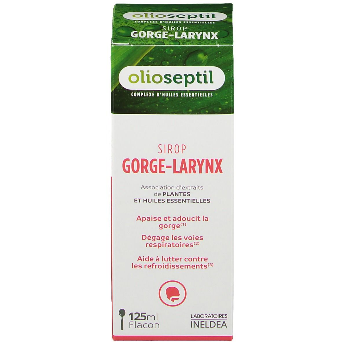 Face avant de la boîte. Inscription: Olioseptil, Sirop Gorge-Larynx. Flacon 125ml. Emballage vert et blanc.