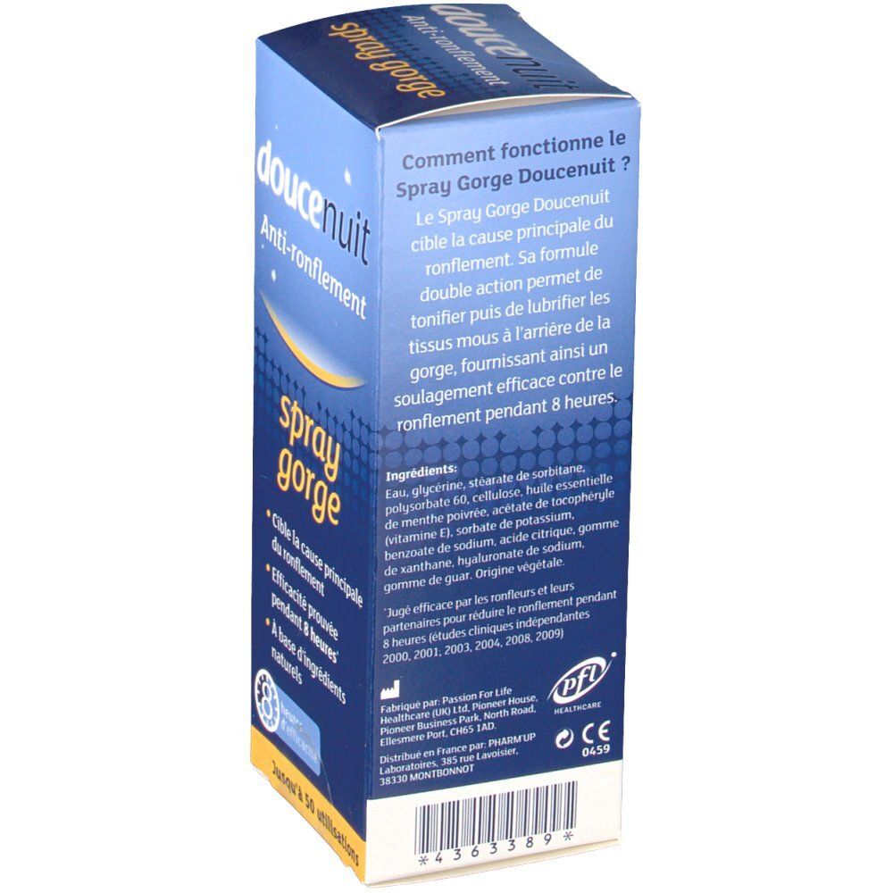 Dos de la boîte. Texte en français. Contient des informations sur le produit, les ingrédients et les coordonnées du fabricant. Écriture blanche sur fond bleu.