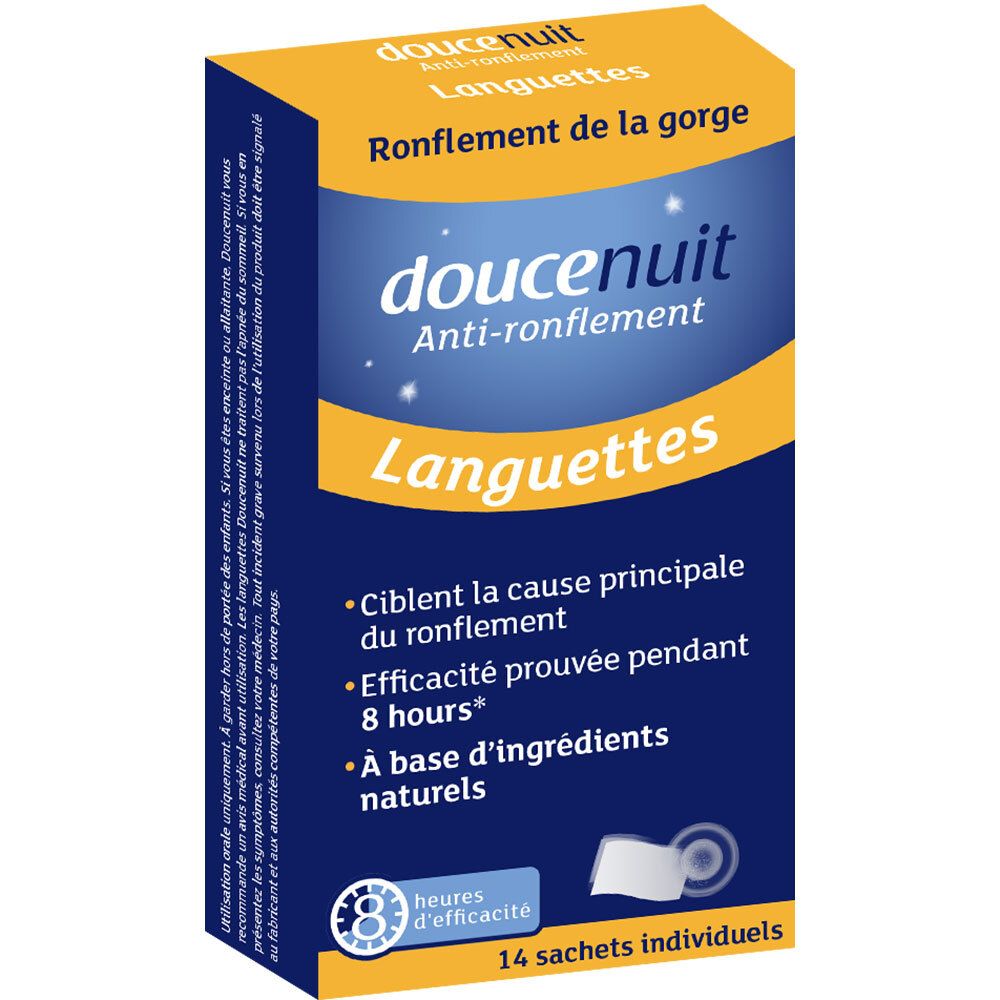 Boîte "doucenuit Anti-ronflement Languettes". Emballage bleu et jaune. 14 sachets individuels.