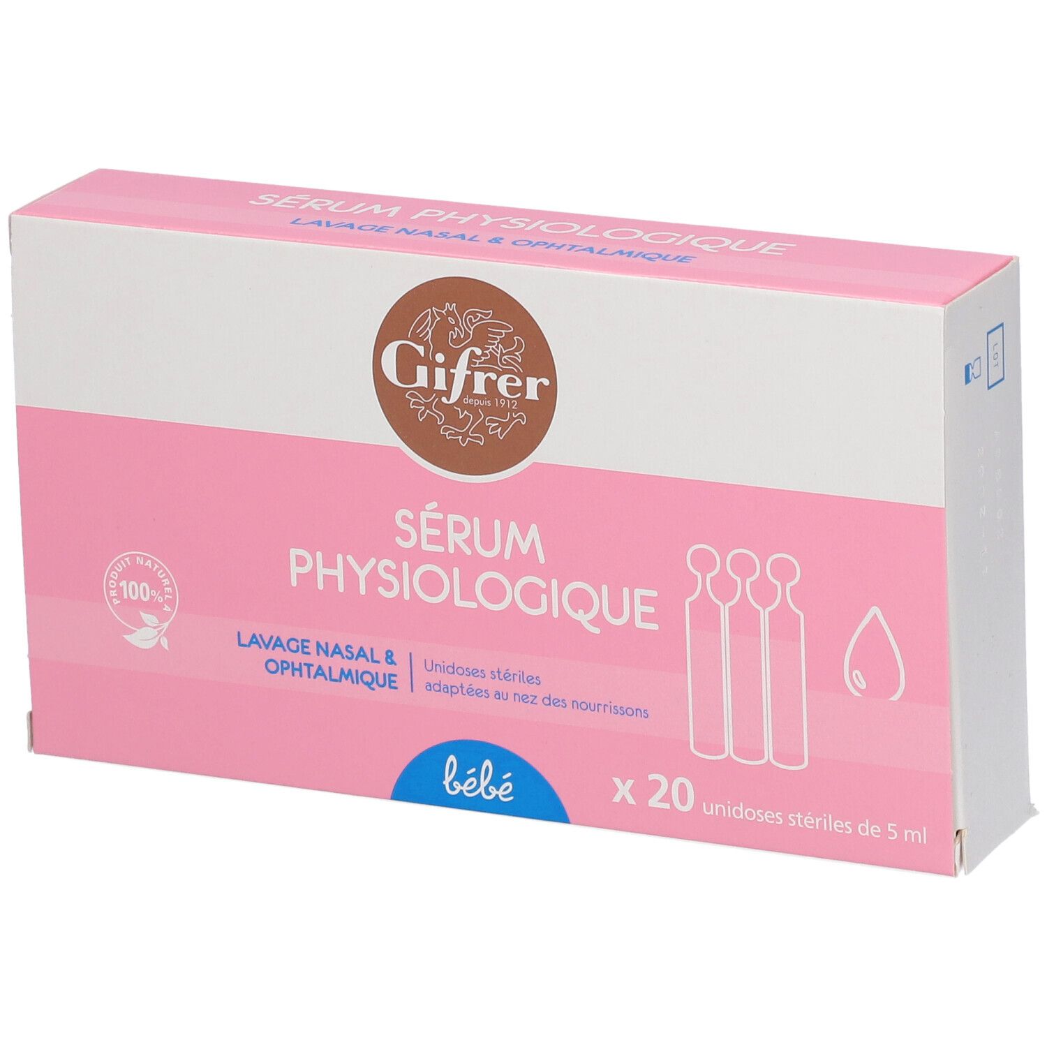 Boîte rose avec logo et nom du produit. Contient 20 unidoses. Texte : "Sérum physiologique".