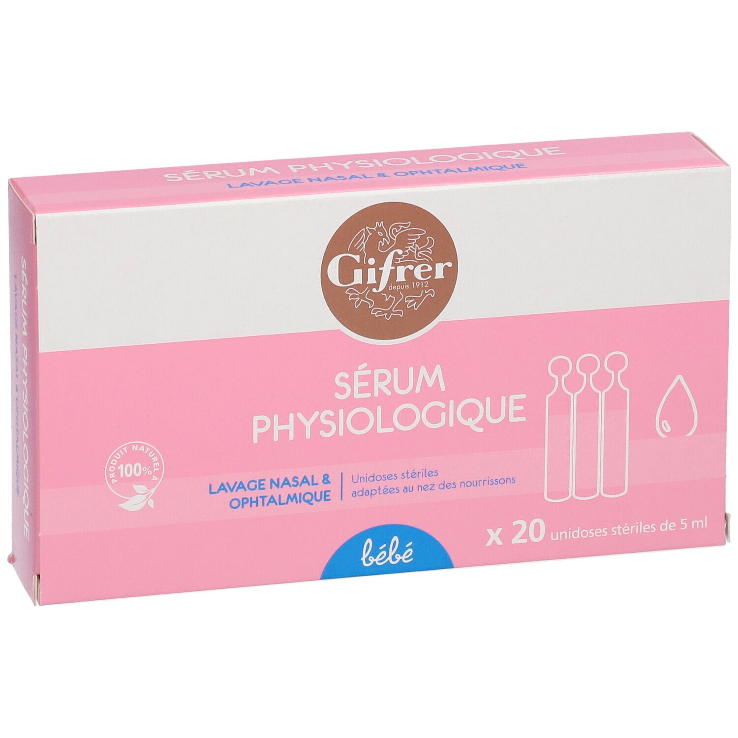 Boîte rose avec logo et nom du produit. Contient 20 unidoses. Texte : "Sérum physiologique".