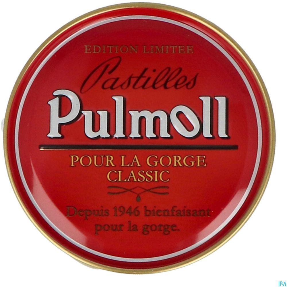 Boîte ronde rouge avec bord doré. Inscription: Pulmoll Pastilles, Classic, Pour la Gorge. Depuis 1946.