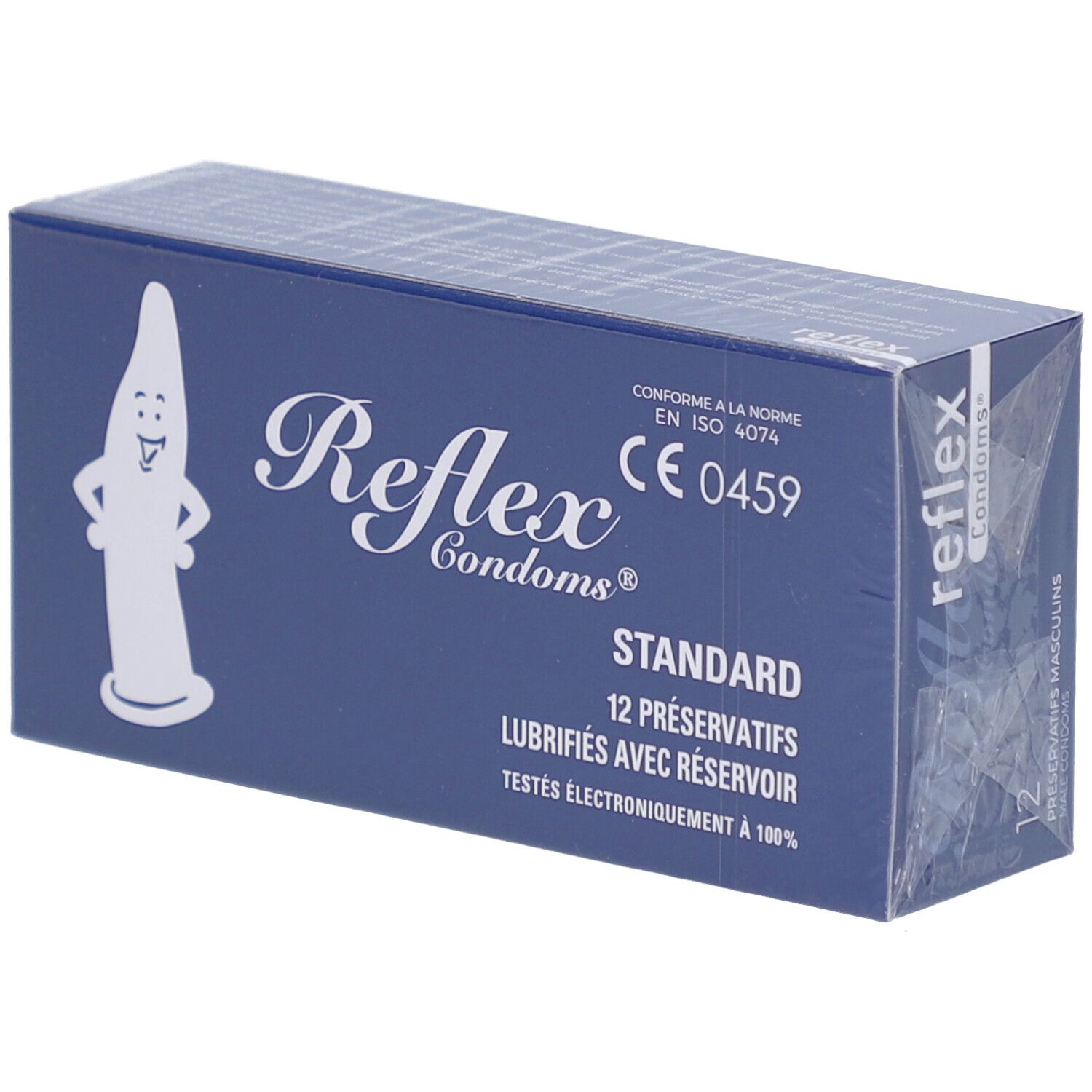 Boîte bleue Reflex Condoms. Inscription: Standard, 12 préservatifs, lubrifiés avec réservoir. CE 0459. Emballage.