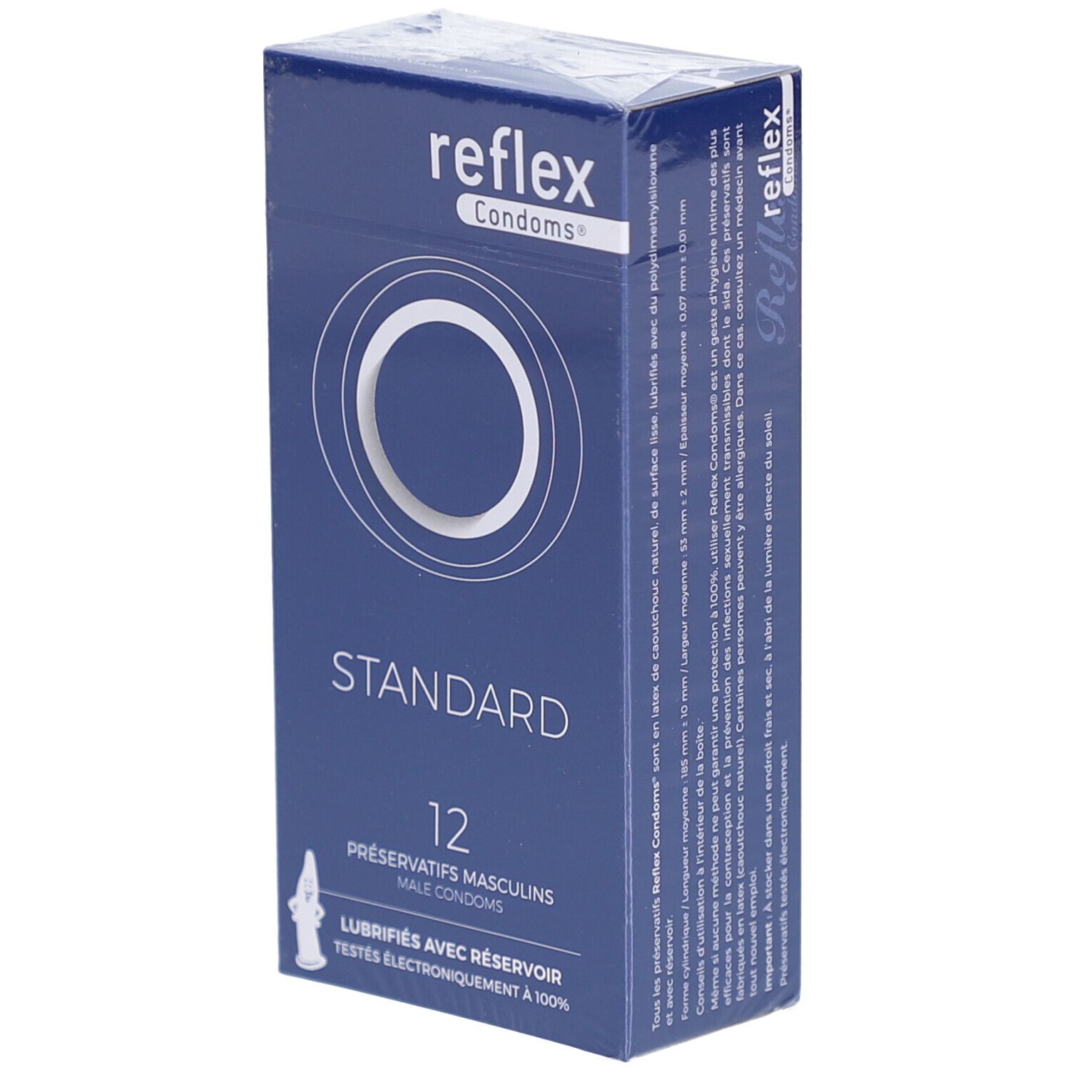 Boîte bleue Reflex Condoms. Inscription: Standard, 12 préservatifs, lubrifiés avec réservoir. CE 0459. Emballage.