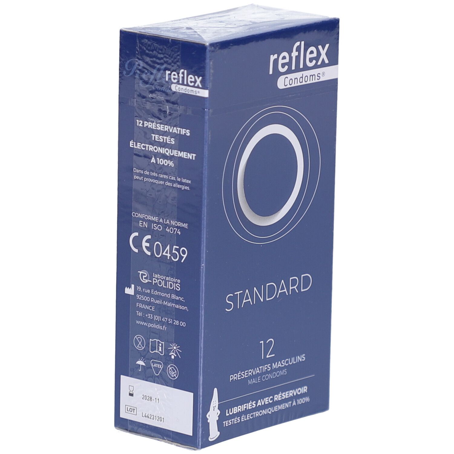 Boîte bleue Reflex Condoms. Inscription: Standard, 12 préservatifs, lubrifiés avec réservoir. CE 0459. Emballage.