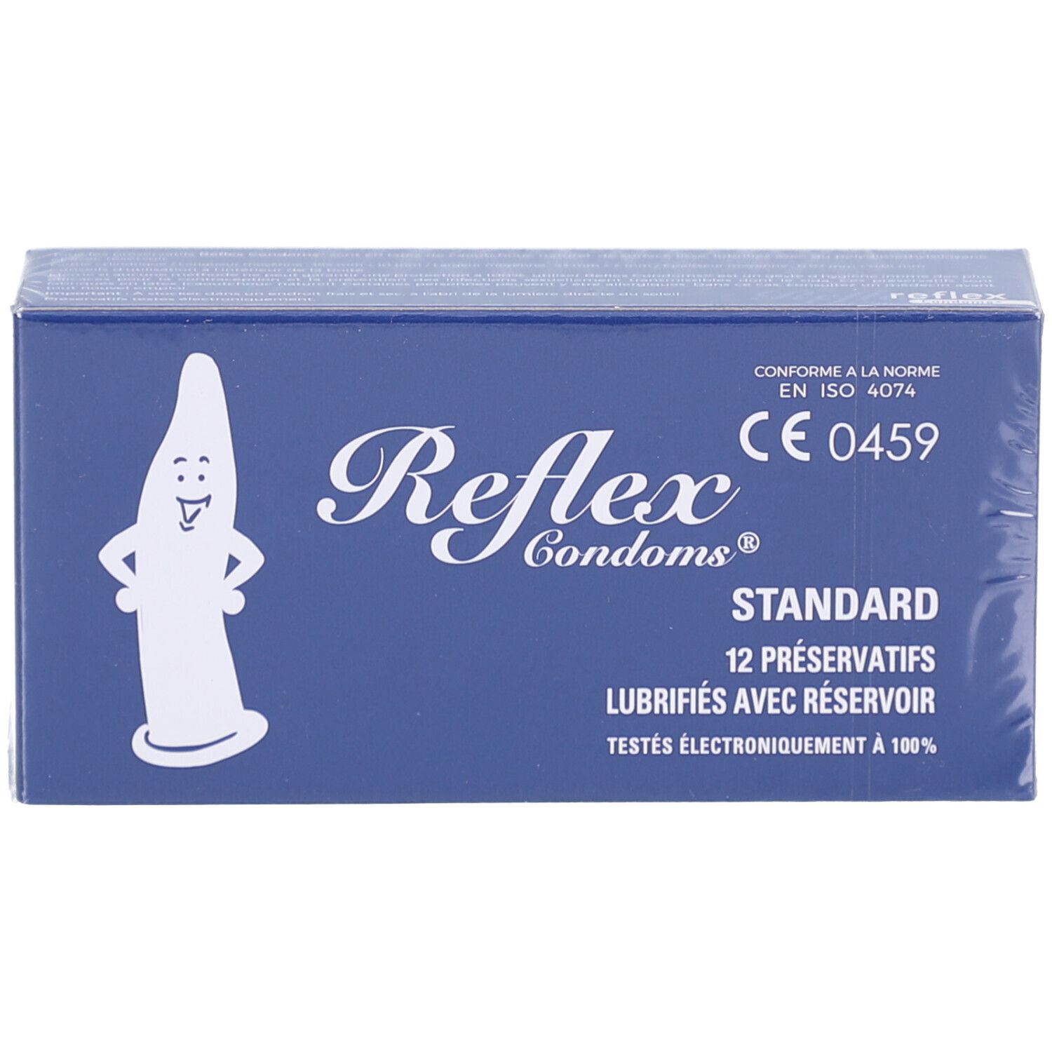 Boîte bleue Reflex Condoms. Inscription: Standard, 12 préservatifs, lubrifiés avec réservoir. CE 0459. Emballage.