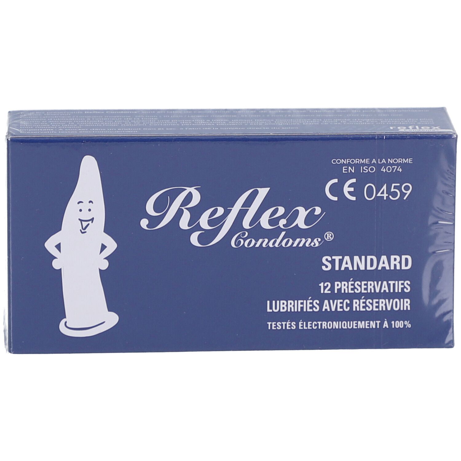 Boîte bleue Reflex Condoms. Inscription: Standard, 12 préservatifs, lubrifiés avec réservoir. CE 0459. Emballage.