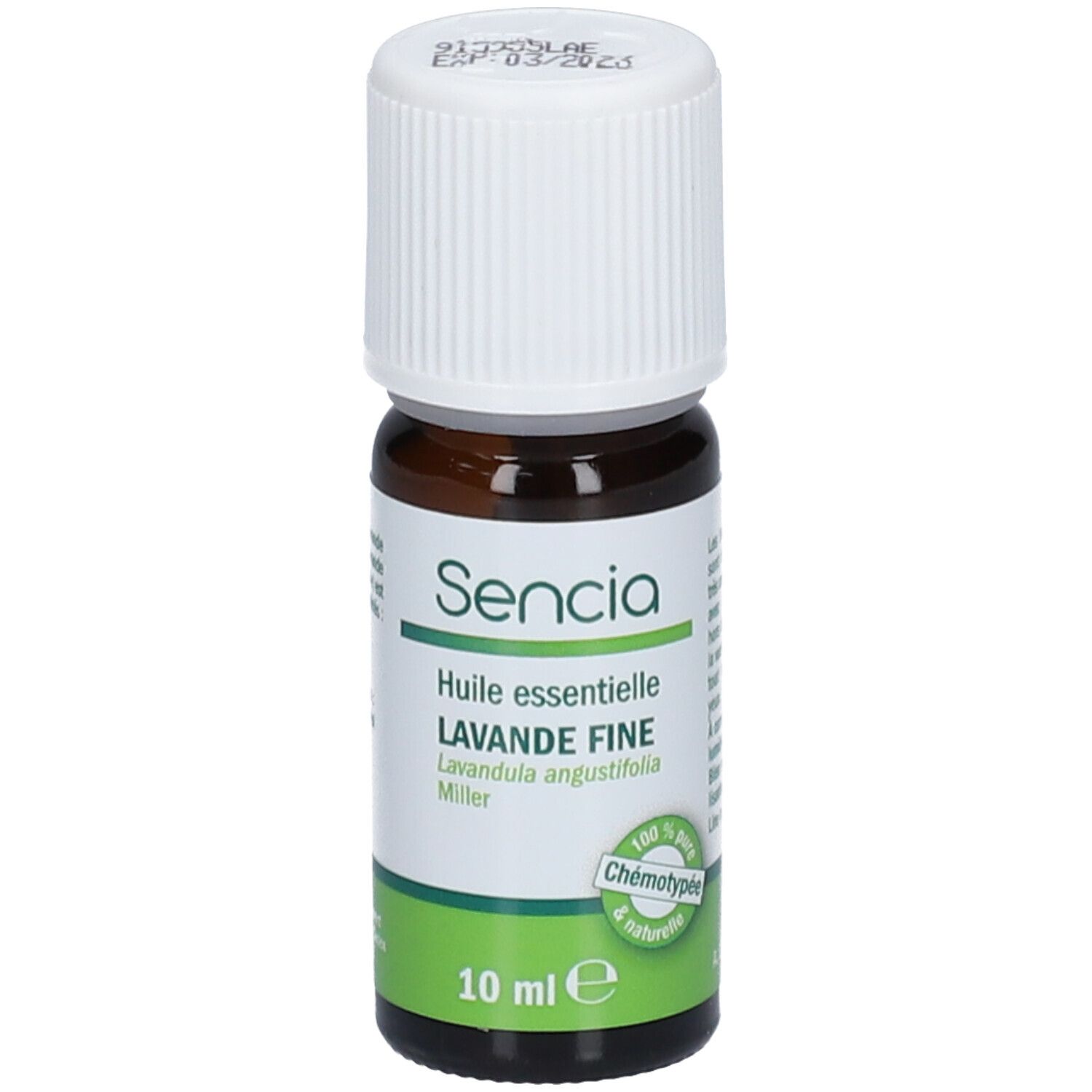 Flacon en verre brun, bouchon blanc. Inscription: Sencia Huile essentielle LAVANDE FINE. 10 ml.