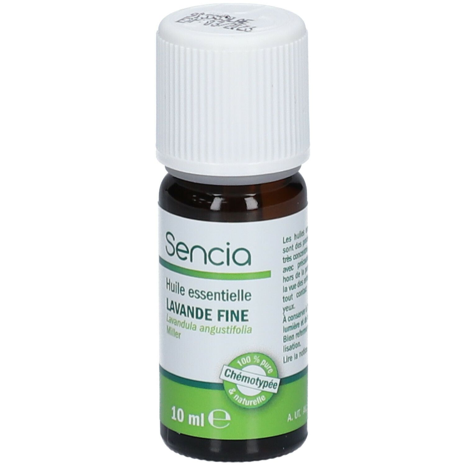 Flacon en verre brun, bouchon blanc. Inscription: Sencia Huile essentielle LAVANDE FINE. 10 ml.