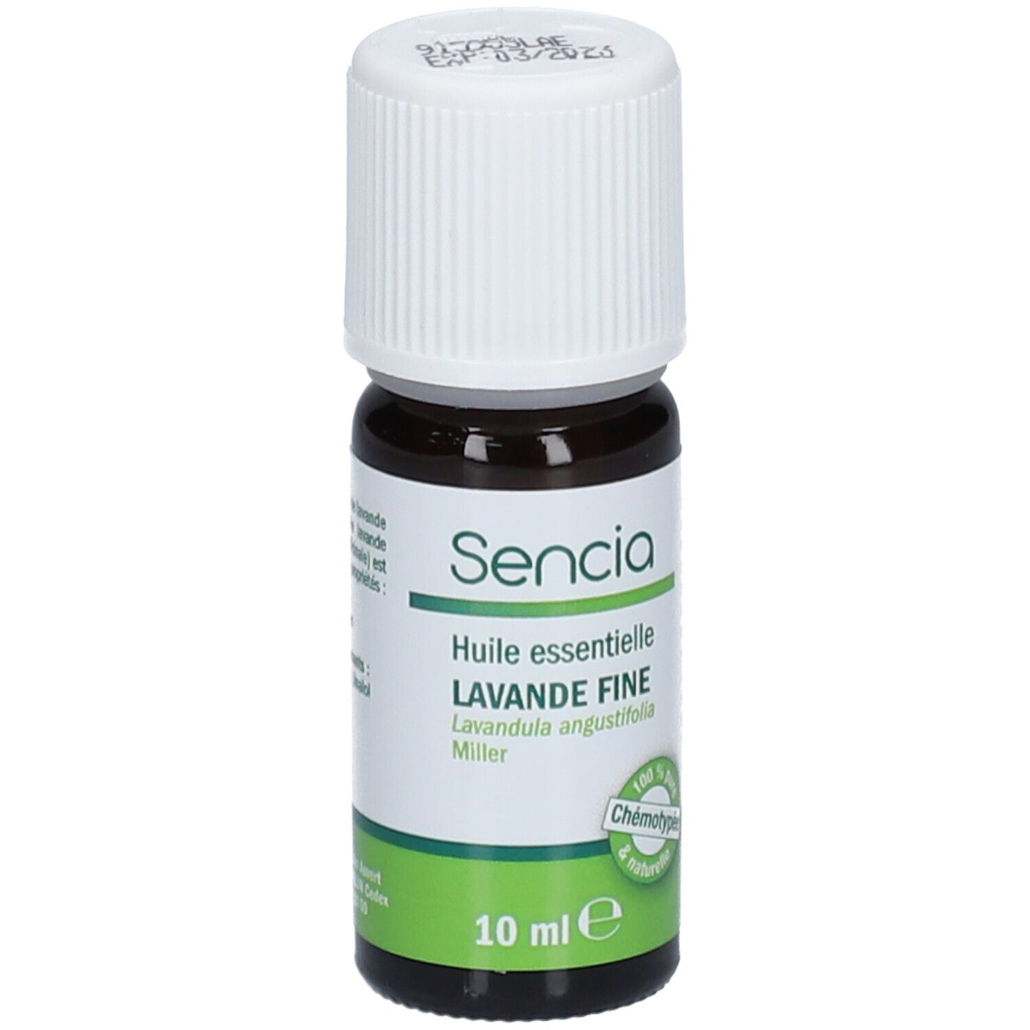Flacon en verre brun, bouchon blanc. Inscription: Sencia Huile essentielle LAVANDE FINE. 10 ml.