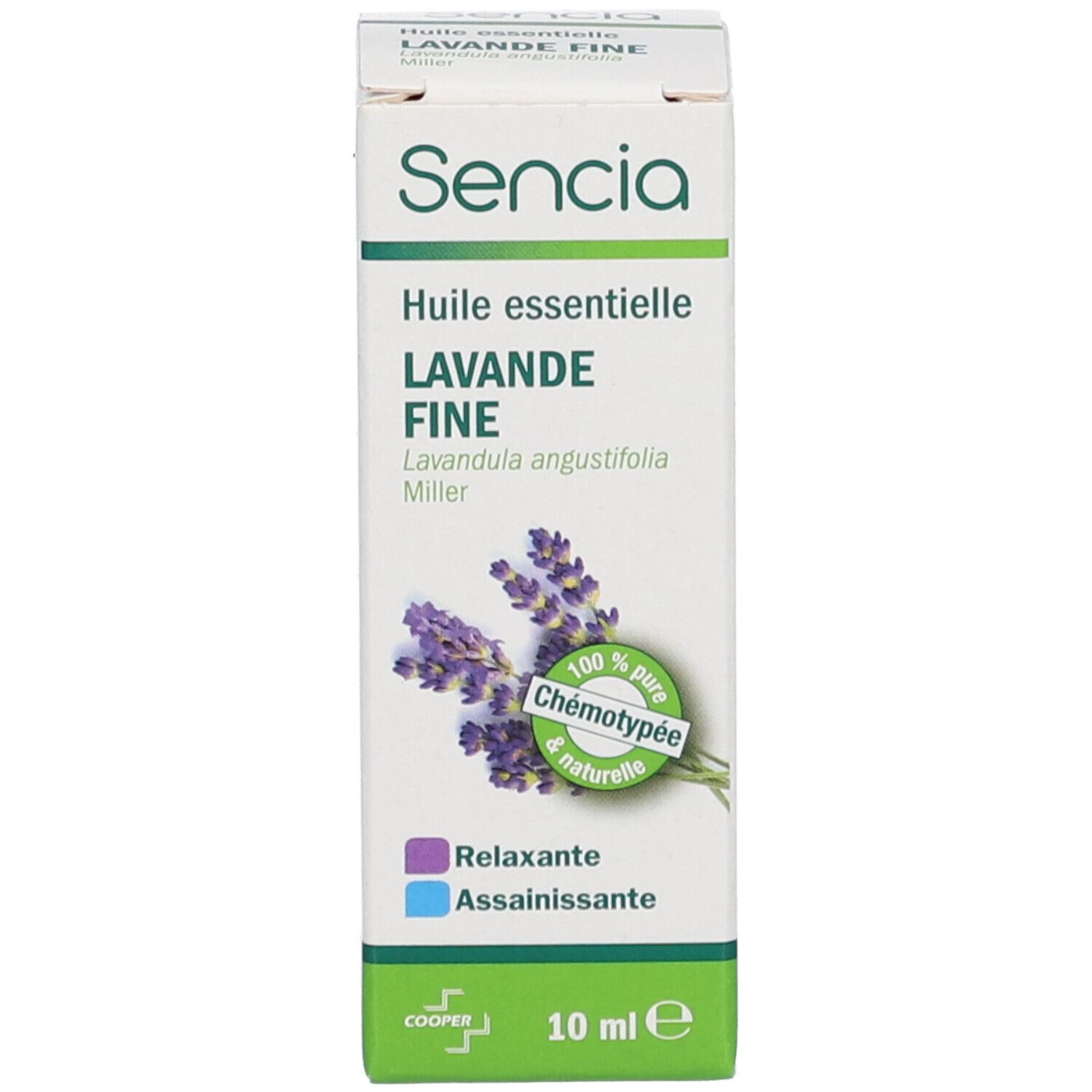 Emballage carton avec inscription: Sencia Huile essentielle LAVANDE FINE. Illustration de fleurs de lavande. 10 ml.