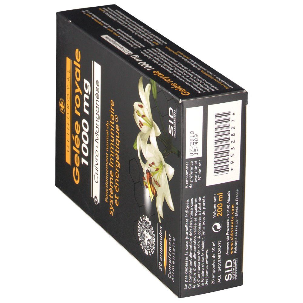 Oligoroyal Gelée Royale 1000 mg Cuivre+Manganèse, 20 ampoules.