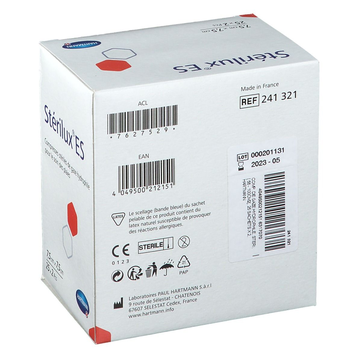 Hartmann Stérilux® ES Compresses de gaze stériles 7,5 cm x 7,5 cm