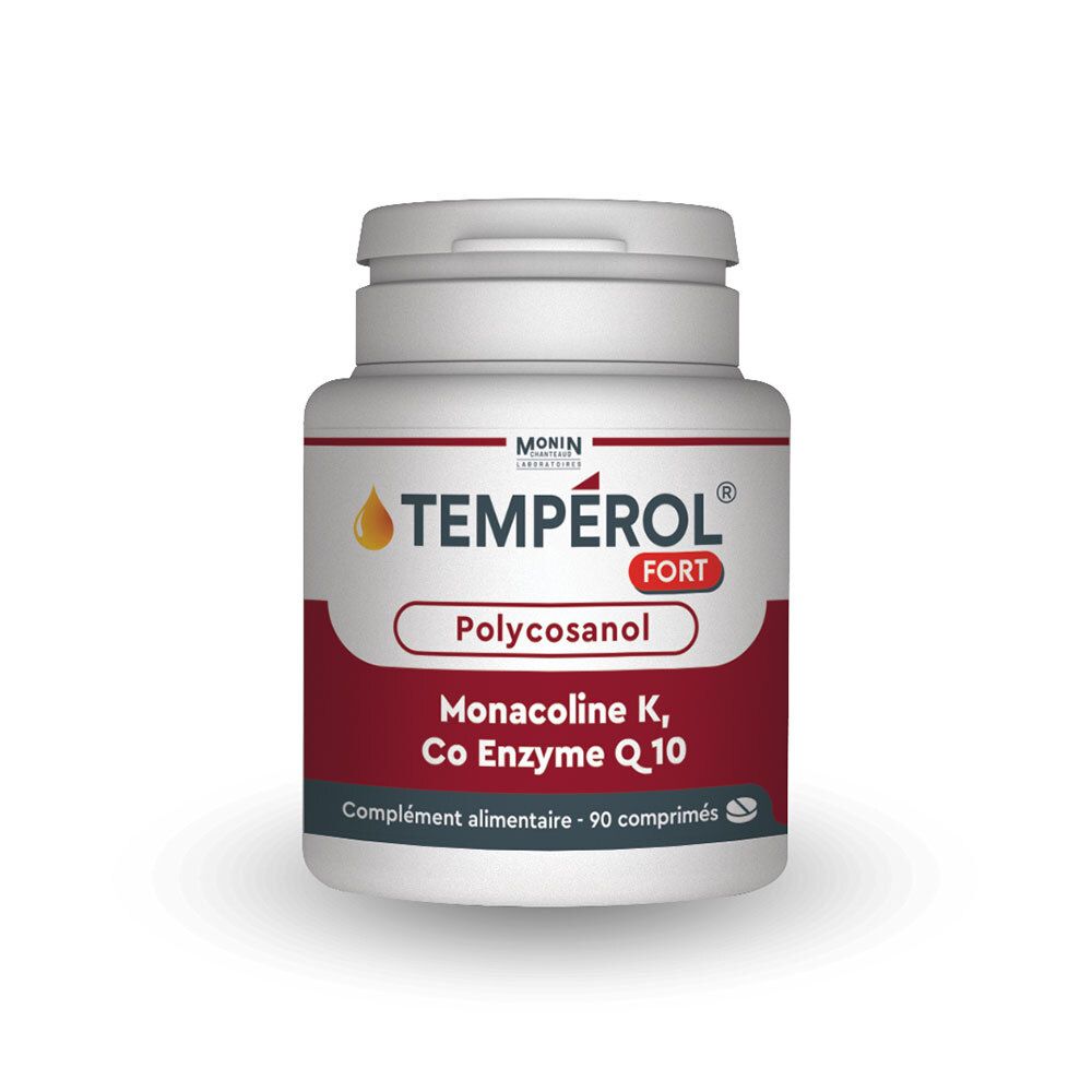 Flacon blanc avec étiquette rouge. Inscription: Tempérol Fort, Policosanol, Monacoline K, Co Enzyme Q10. 90 comprimés.