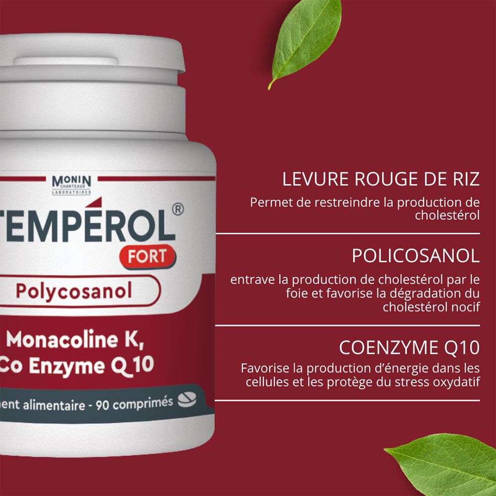 Flacon Tempérol Fort. Texte: Levure rouge de riz, Policosanol, Coenzyme Q10. Informations supplémentaires sur fond rouge.