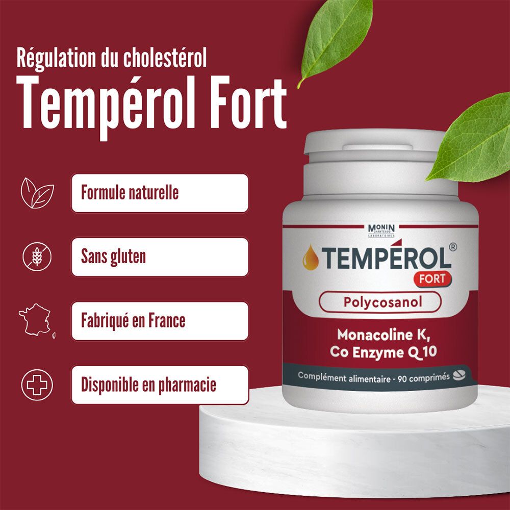 Flacon Tempérol Fort. Texte: Formule naturelle, sans gluten, fabriqué en France, disponible en pharmacie.