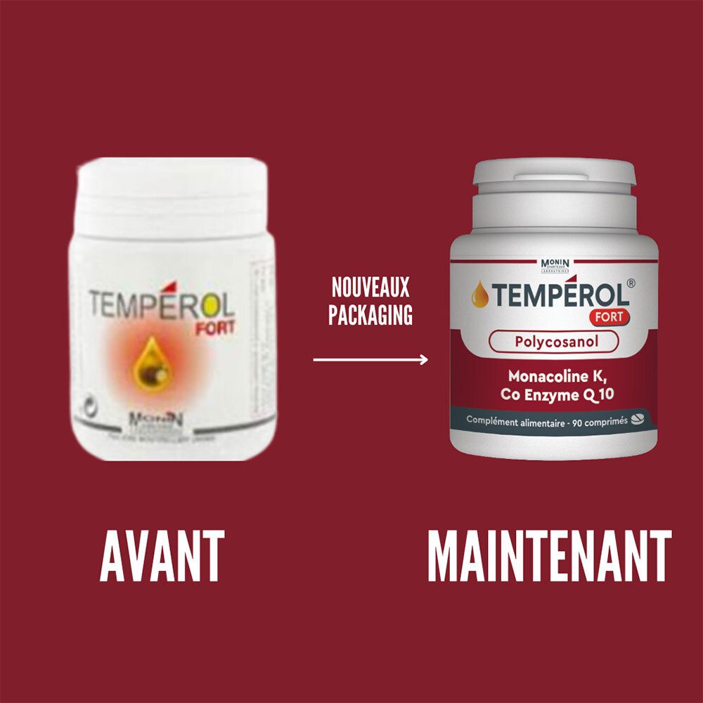 Comparaison: Ancien et nouvel emballage de Tempérol Fort. Les deux flacons sont blancs avec une étiquette rouge.