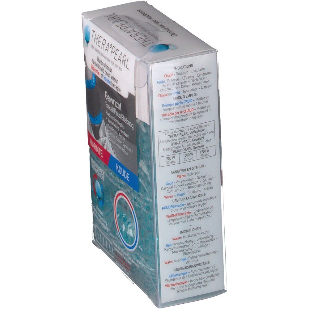Vue latérale de l'emballage d'une compresse articulaire TheraPearl avec instructions.