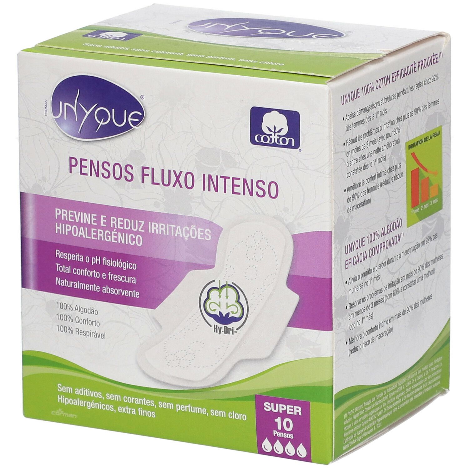 Boîte de protections périodiques Unyque. Inscription : Pensos Fluxo Intenso, Super 10. Visuel d'une protection.