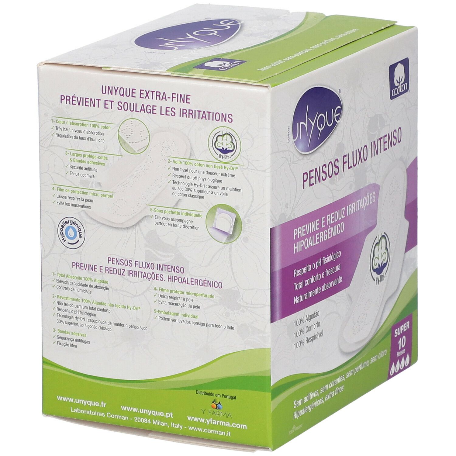 Boîte de protections périodiques Unyque. Inscriptions : Extra-Fine, Pensos Fluxo Intenso, Super 10. Informations produit.