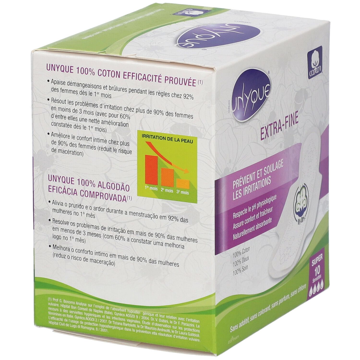 Boîte de protections périodiques Unyque. Inscriptions : Extra-Fine, Super 10. Informations produit et graphique.