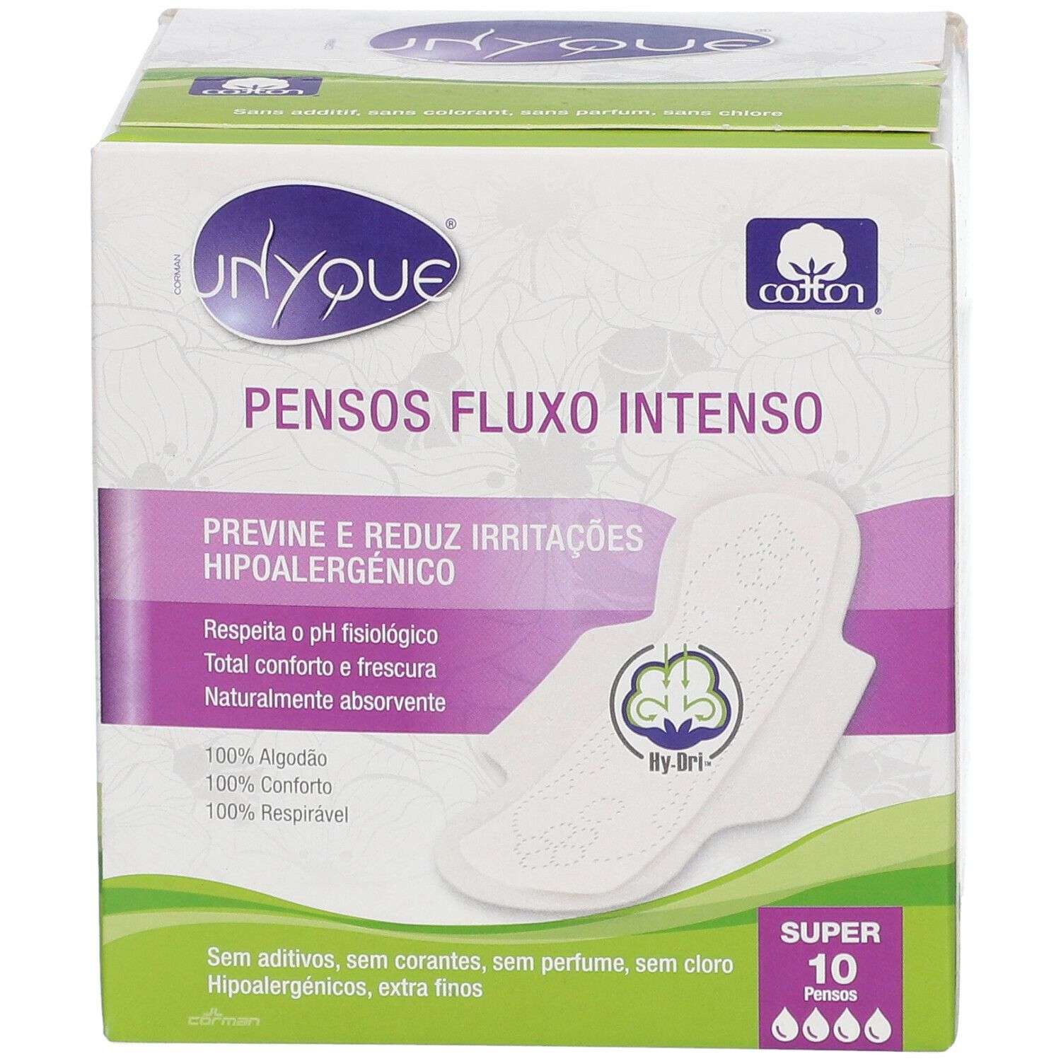 Boîte de protections périodiques Unyque. Inscription : Pensos Fluxo Intenso, Super 10. Visuel d'une protection.