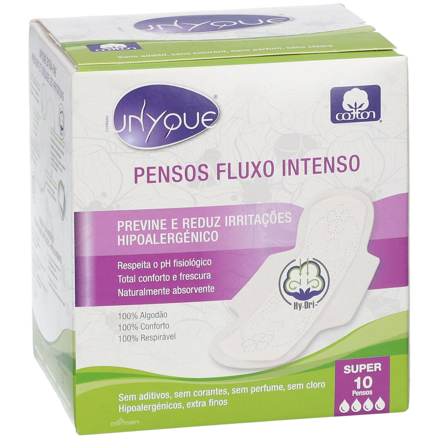 Boîte de protections périodiques Unyque. Inscription : Pensos Fluxo Intenso, Super 10. Visuel d'une protection.