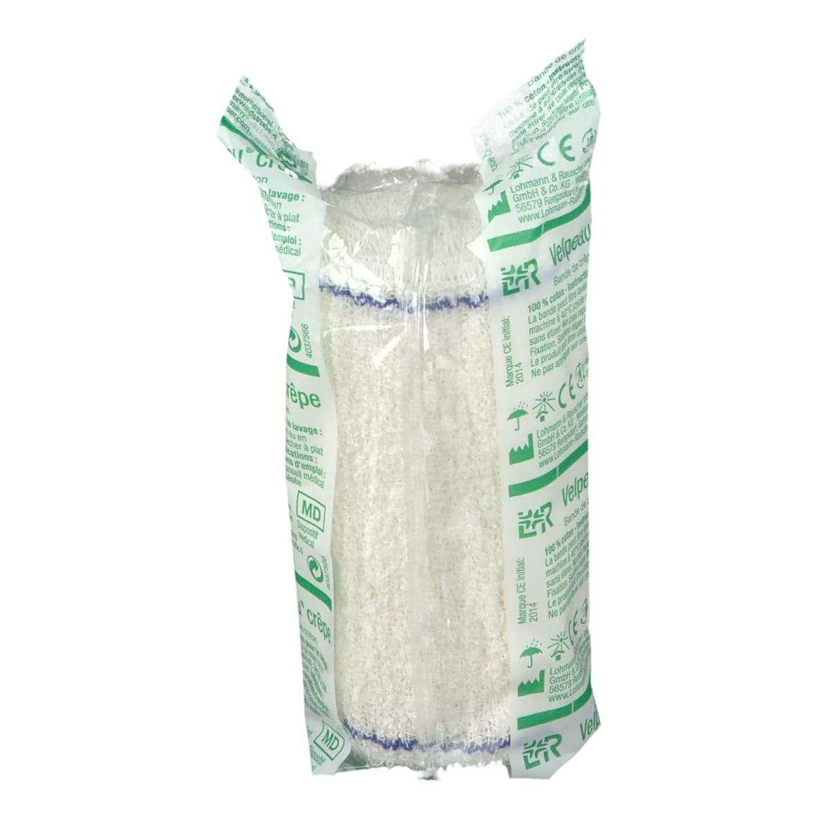 Bande crêpe blanche dans un emballage transparent. Emballage avec impressions vertes. Marquage CE.