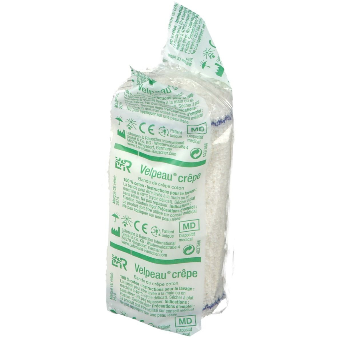 Paquet de bandage crêpe blanc. Emballage avec impressions vertes et blanches. Marquage CE.