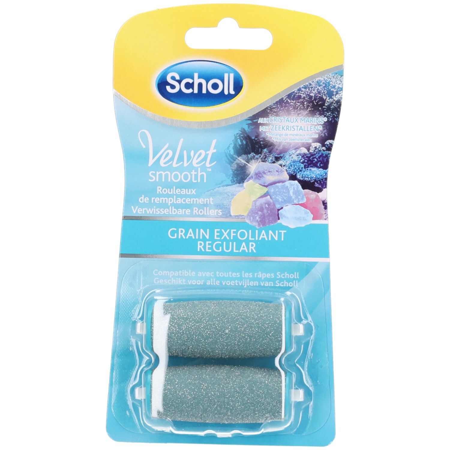 Recharges Scholl Velvet Smooth. Deux rouleaux gris dans l'emballage. Texte "Grain Exfoliant Regular".