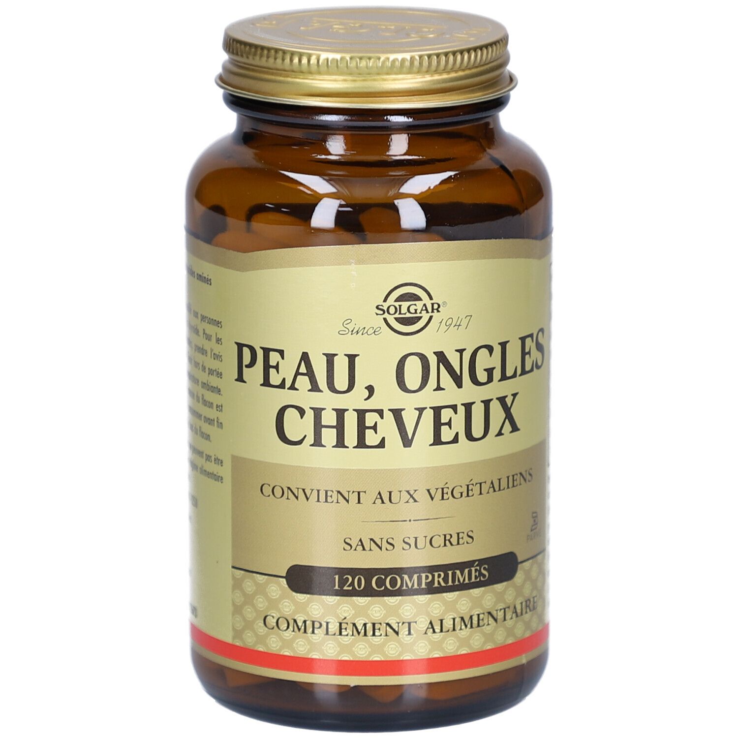 Flacon en verre brun avec couvercle doré. Étiquette avec "Peau, Ongles, Cheveux" et "120 comprimés".