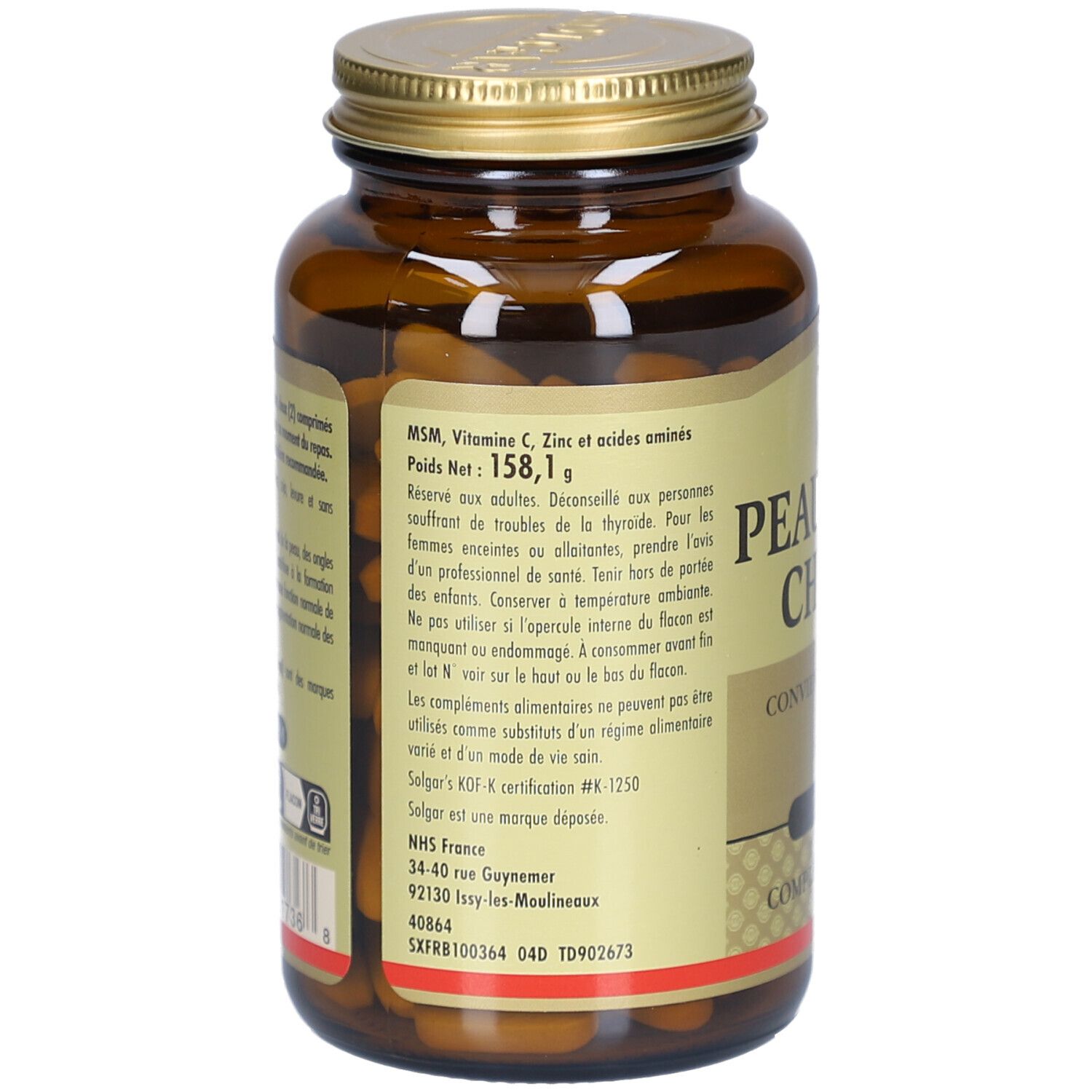 Vue arrière du flacon en verre brun. Étiquette avec ingrédients: MSM, Vitamine C, Zinc et acides aminés. Poids net: 158,1 g.