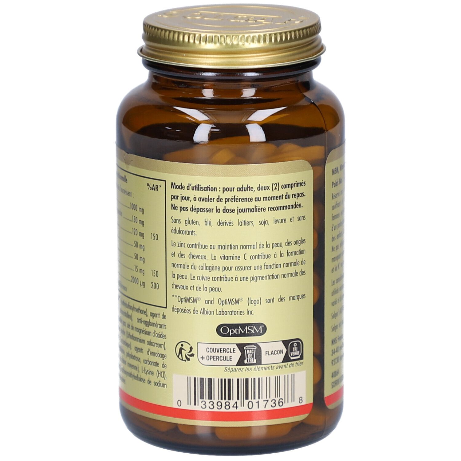 Vue arrière du flacon. Étiquette avec instructions d'utilisation et informations nutritionnelles. Logo OptiMSM et labels qualité.