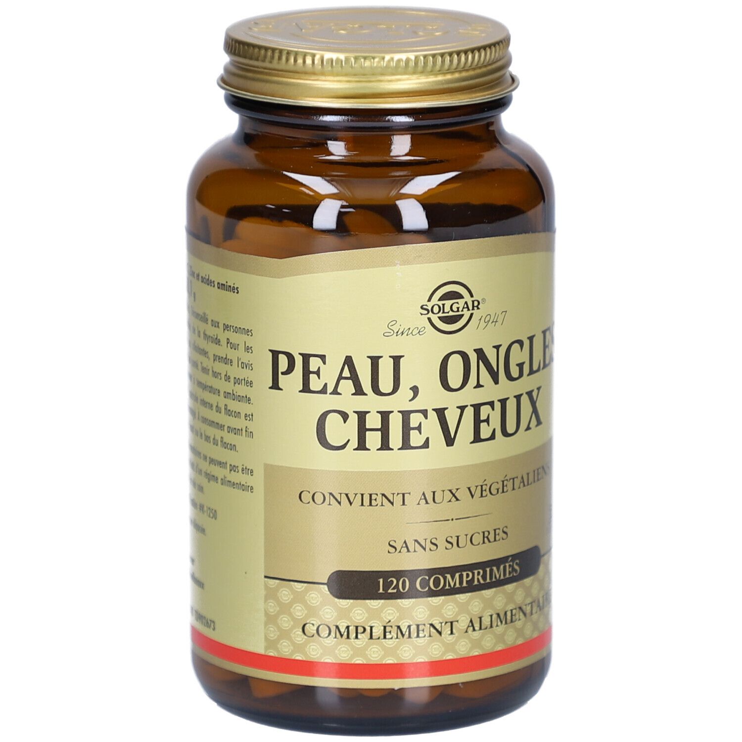 Flacon en verre brun avec couvercle doré. Étiquette avec "Peau, Ongles, Cheveux" et "120 comprimés".