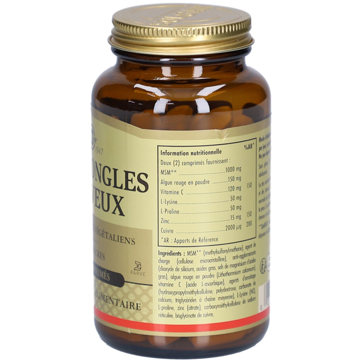 Vue arrière du flacon. Étiquette avec informations nutritionnelles: MSM, algues, vitamine C, L-lysine, L-proline, zinc, cuivre.