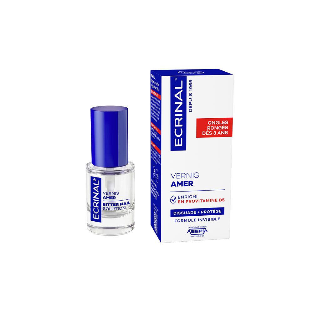 Vernis amer ECRINAL® en flacon et boîte. Vernis transparent avec capuchon bleu.