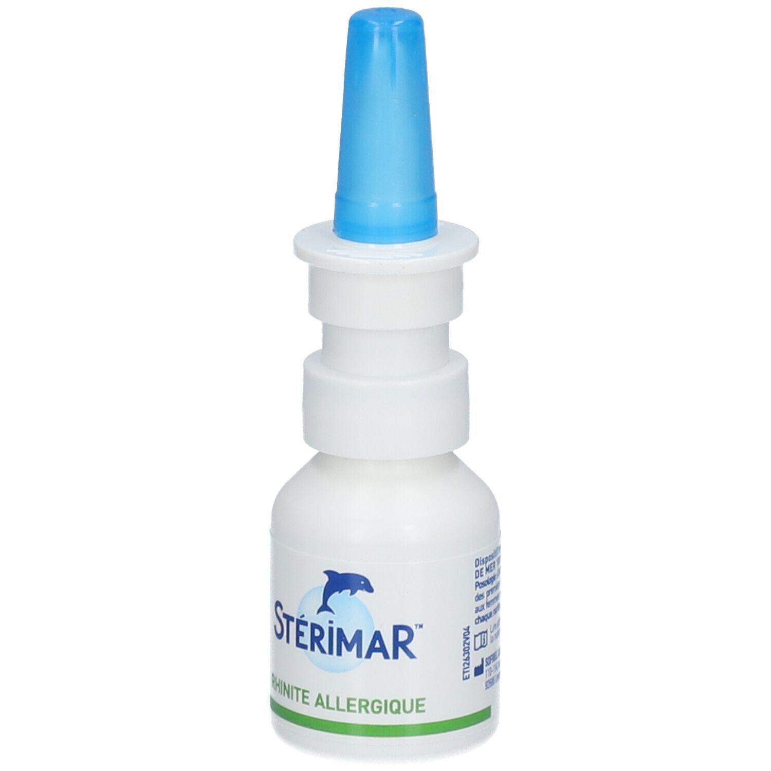 Flacon blanc avec embout bleu. Inscription: Stérimar, Rhinite allergique. Logo: dauphin.