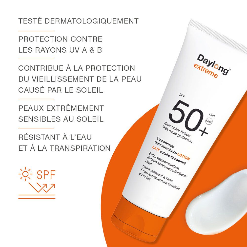 Produit et texte sur fond orange. Texte: Protection contre les rayons UVA & UVB, résistant à l'eau.