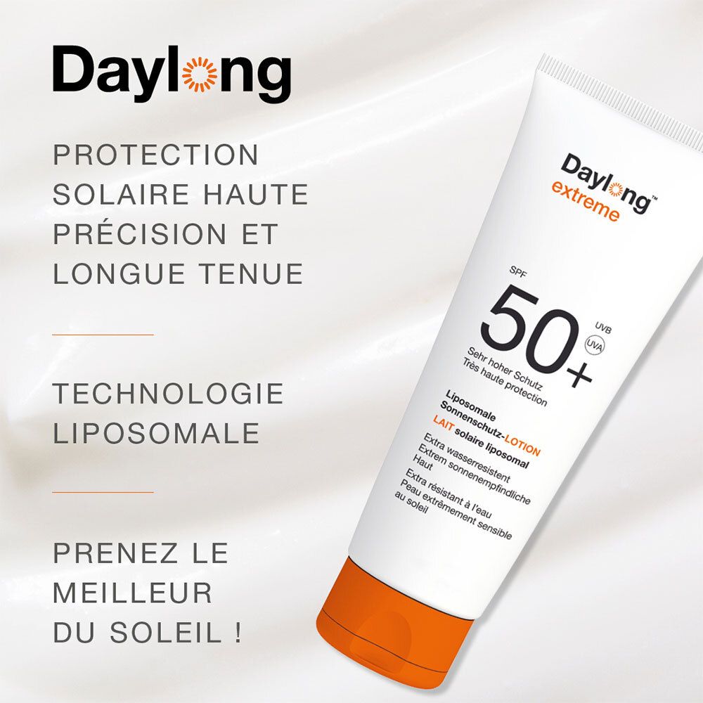Tube sur fond clair. Inscription: Daylong extreme SPF 50+. Technologie liposomale.