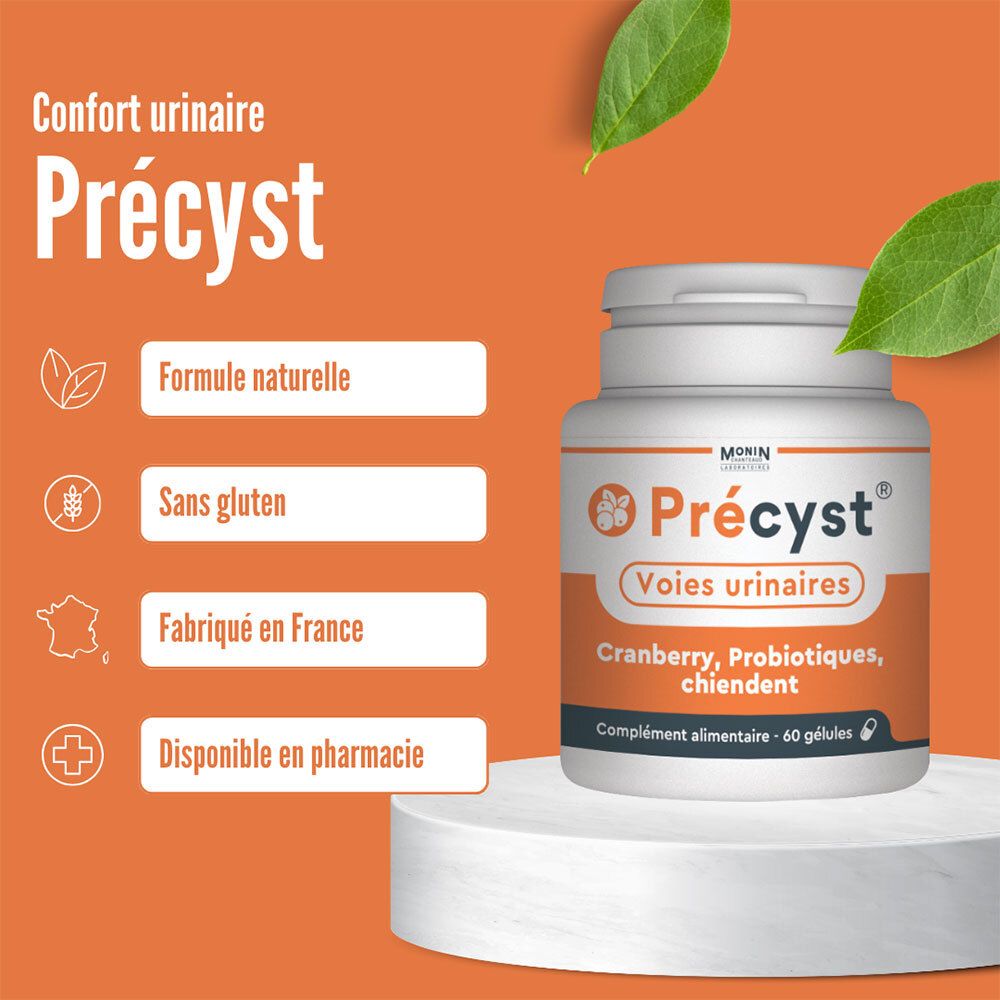 Fond orange avec texte. Précyct, Voies urinaires, Cranberry, Probiotiques, Chiendent. Formule naturelle, sans gluten, Fabriqué en France.
